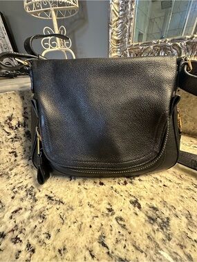 Tom Ford Jennifer Black Pebbled Leather Crossbody with Gold Hardware.